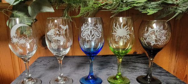 Beautifully Sand Etched Stemmed Wine Goblets