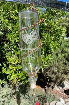 Glass Bottle Bird Feeder with Etched Design--Rooster with Weather Vane