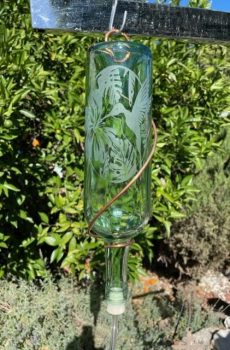 Glass Bottle Bird Feeder with Etched Design--Hummingbird with flower III