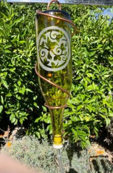 Glass Bottle Bird Feeder with Etched Design--Hummingbird circle