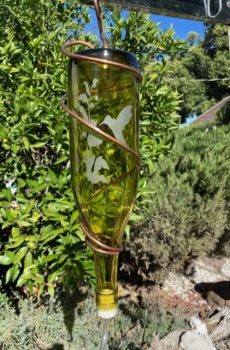 Glass Bottle Bird Feeder with Etched Design--Hummingbird with flowers, green bottle