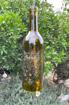 Etched Bottle Wind Chimes --Owl Flowers