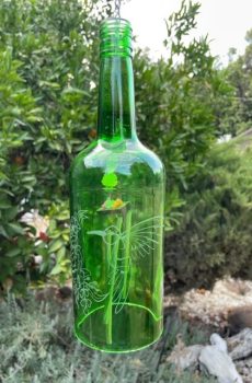 Etched Bottle Wind Chimes --Hummingbird Hibiscus Green